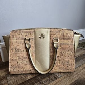 Anne Klein Metallic Cork & Gold Satchel Handbag - Chic Structured Tote